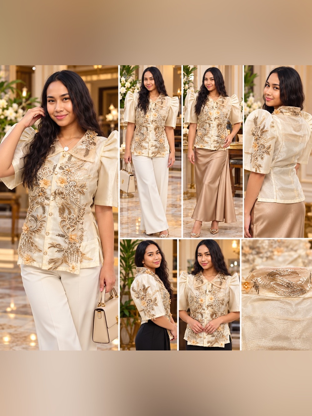 Filipiniana Pina Organza Blouse with Gina Lining - Cream Gold